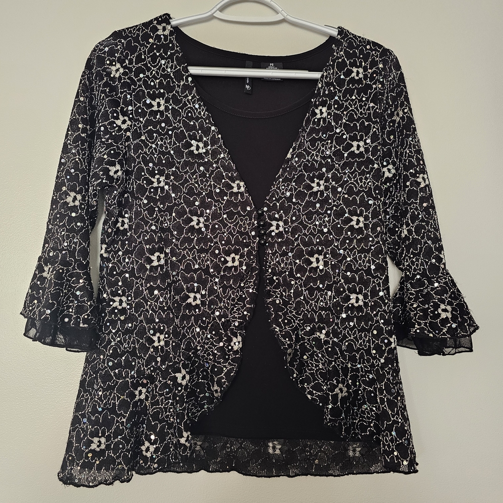 New Directions Black Top Sequin Lace Mesh Sleeve Petite Small Whimaigoth 90s Y2K